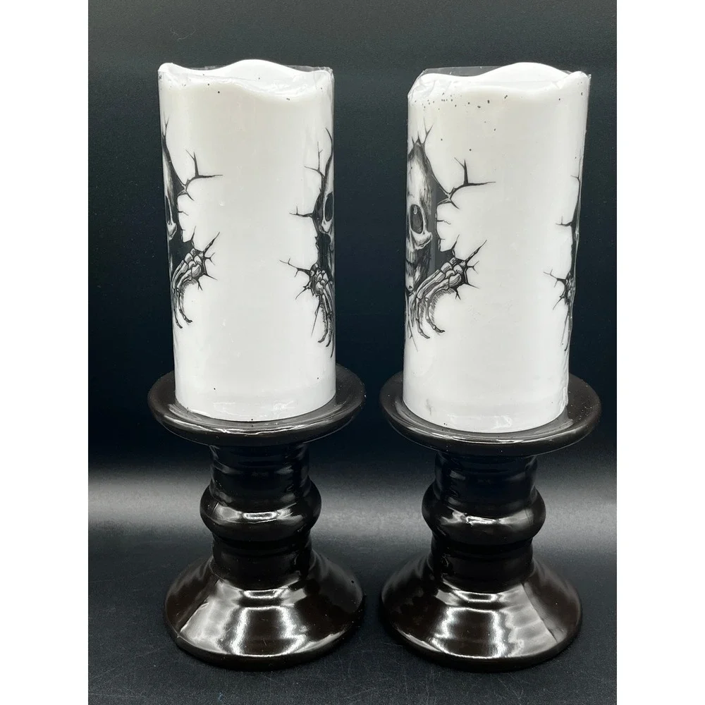 Skull Flameless LED Pillar Candles with Pedestal Bases Set of 2 Halloween Decor